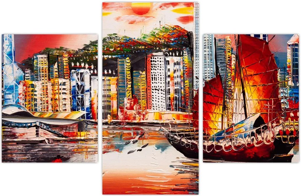 Tablou - Victoria Harbour, Hong Kong, pictură în ulei (90x60 cm)