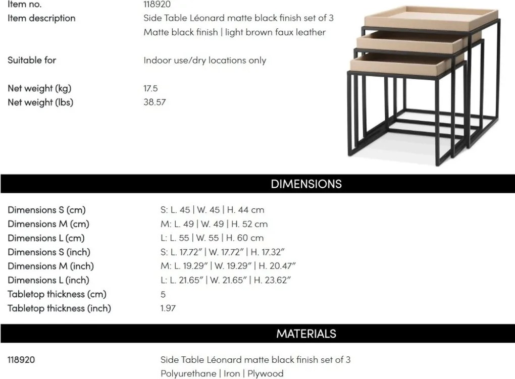 Set 3 masute, Piele Sintetica, Maro Deschis, Leonard