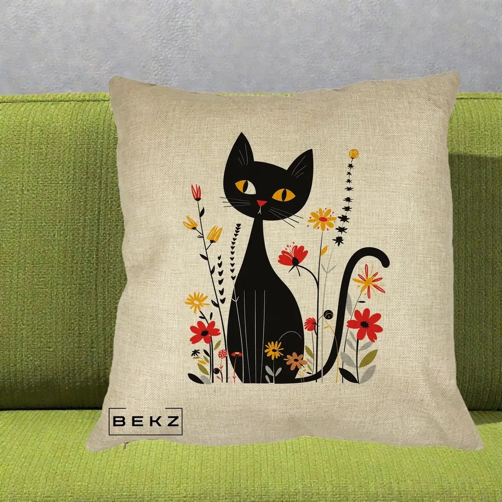 Perna Decorativa Pisica Neagra Ochi Galbeni Flori, 40x40 cm, Crem, Husa Detasabila, Perna Inclusa, BEKZ®