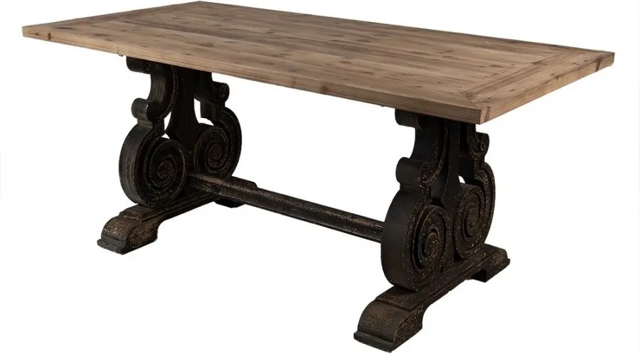 Masă dining shabby chic dreptunghiulară din lemn, natur, 8 locuri, cu bază în volute, finisaj negru antichizat, 78 x 180 x 90 cm, „Château”