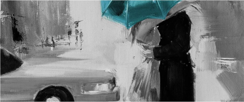 Tablou - Cuplu în dragoste cu umbrelă, albastru (120x50 cm)