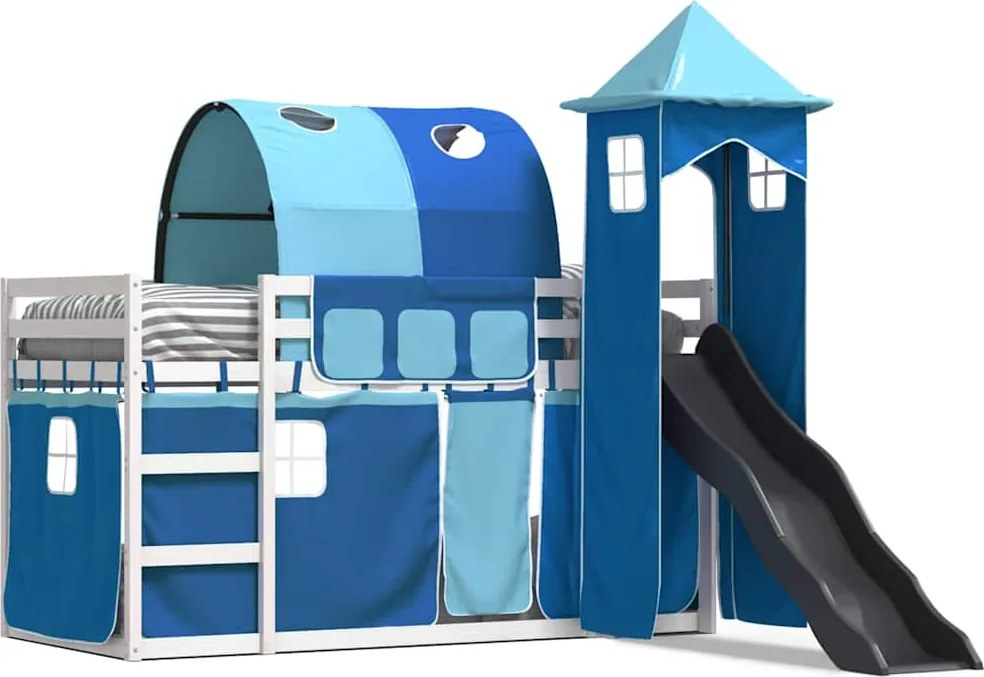 vidaXL Pat supraetajat cu tobogan și perdele, albastru, 80x200 cm