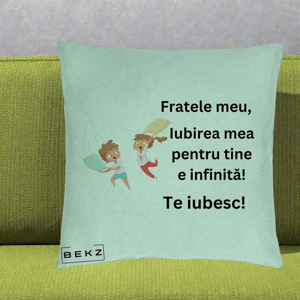 Cadou pentru Frate - Perna Personalizata Fratele Meu Te Iubesc Copii Batalie Perne, 40x40 cm, Verde Menta, Husa Detasabila, Perna Inclusa, BEKZ®