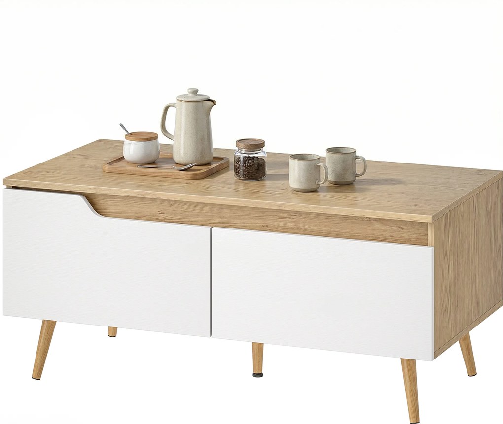 HOMCOM Masă de cafea dreptunghiulară, masă de living modernă cu 2 sertare, 5 picioare din lemn de pin, 100x50x46cm, stejar și alb | Aosom Romania
