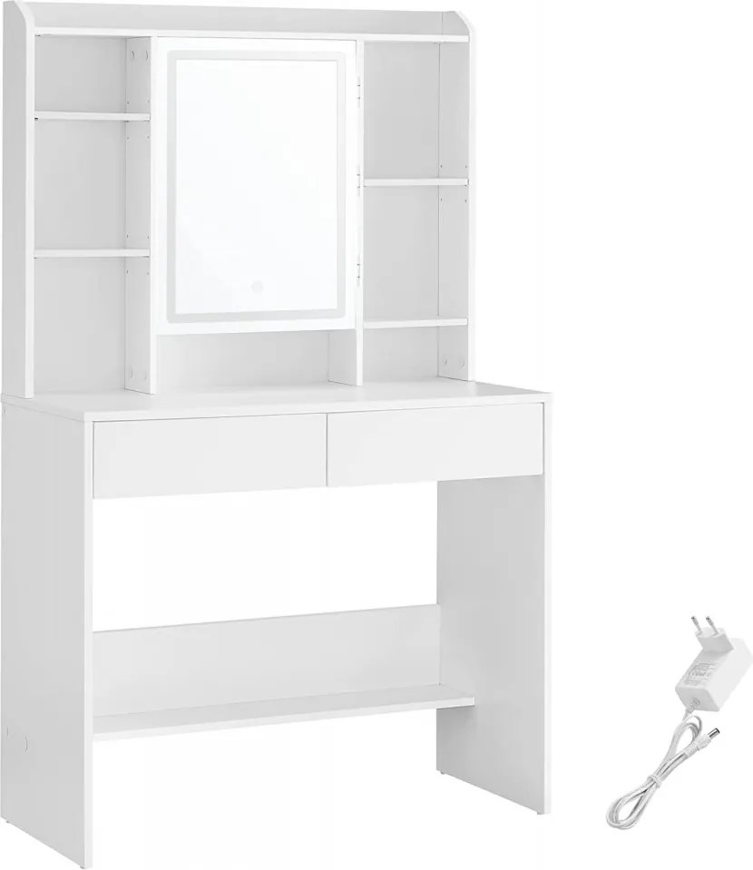 Masuta machiaj cu Oglinda LED si 2 Sertare pentru Cosmetice, Set Masa toaleta 90 cm, Alb, masuta cosmetica, vanity cu sau fara Priza, cu sau fara