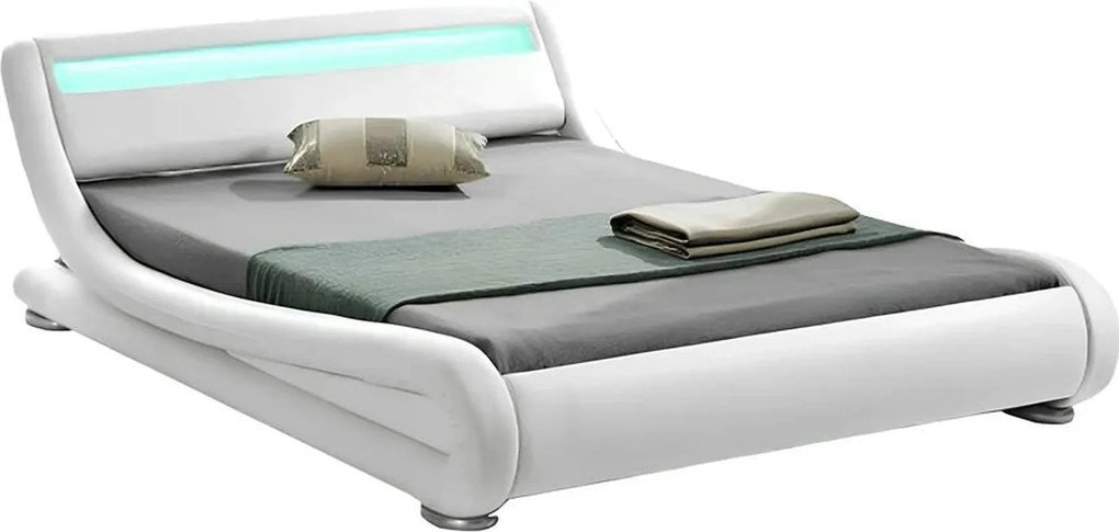 Pat FILIDA 180x200, alb, piele ecologica/PAL, cu iluminare LED si somi