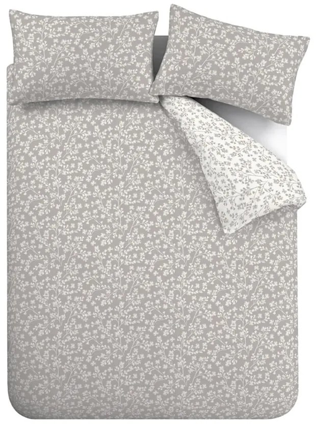 Lenjerie de pat gri din flanelă pentru pat dublu, extinsă 230x220 cm Grace Floral Leaf – Catherine Lansfield