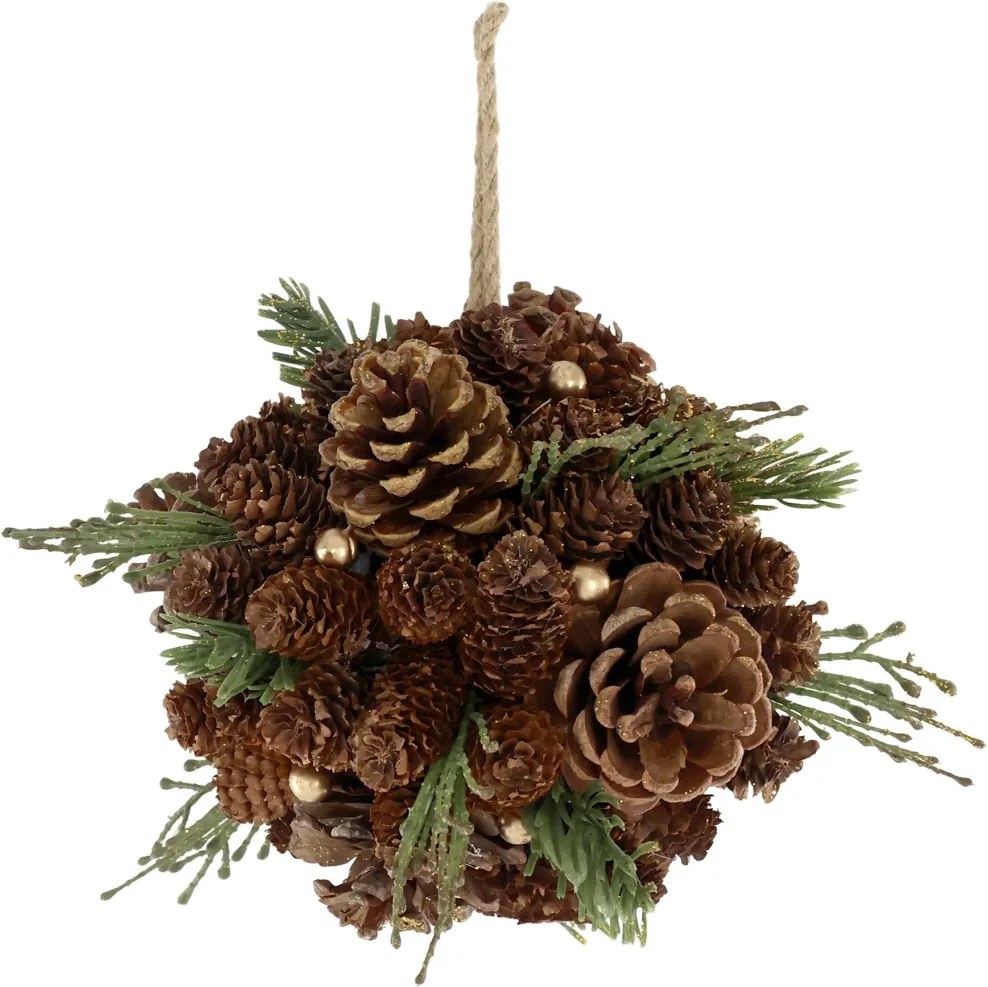 Glob decorativ din conuri și crenguțe de brad, cu accente sclipitoare, D16 cm