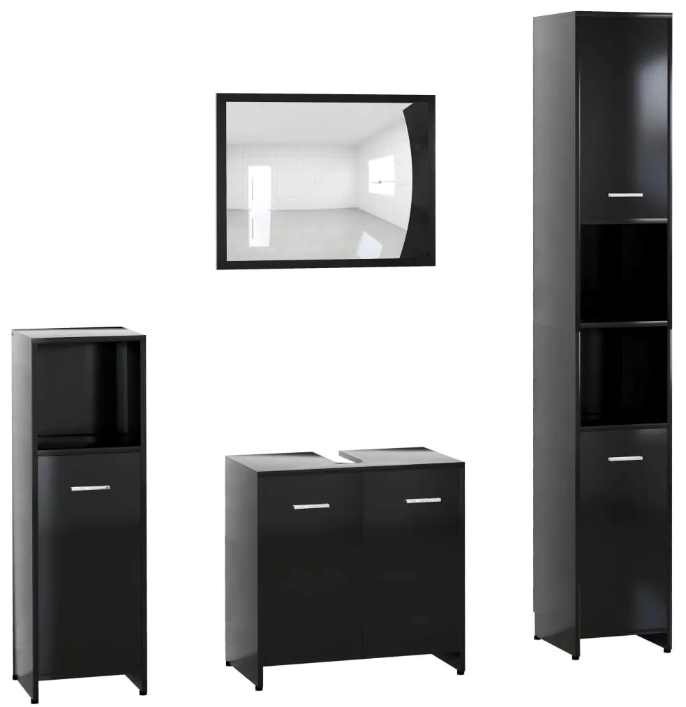 Set mobilier de baie, 4 piese, negru, PAL Negru, 1