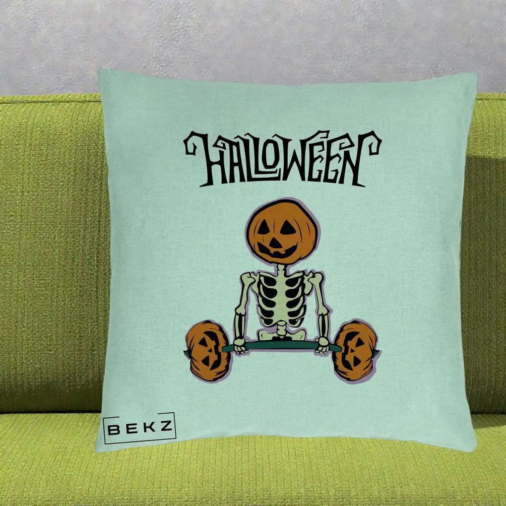 Perna Decorativa Halloween Schelet cu Cap de Dovleac Powerlifting, 40x40 cm, Verde Menta, Husa Detasabila, Perna Inclusa, BEKZ®