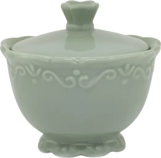 Zaharnița din porțelan verde mentă, H9/D10 cm, model dantelă în relief, „Provence"