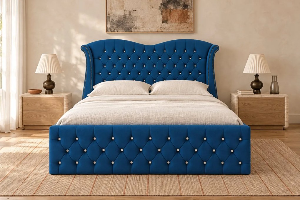 Pat tapițat Chesterfield Avella 160×200 cm, albastru, cu ladă de depozitare