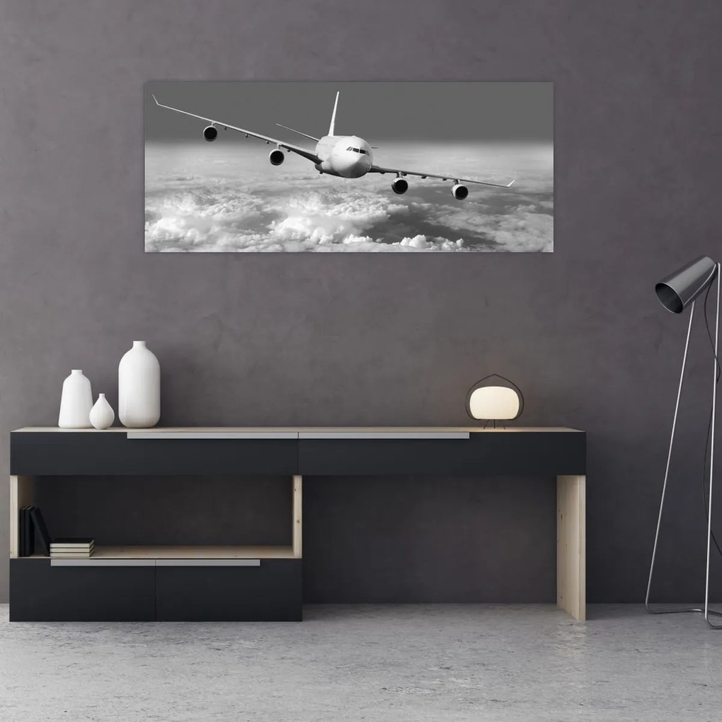Tablou - Avion în nori, alb și negru (120x50 cm)