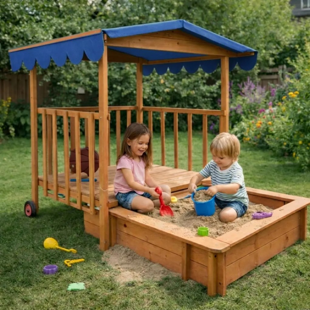 Groapa cu nisip cu verandă HAPPY, 130x130x143cm, maro/albastru Jurhan