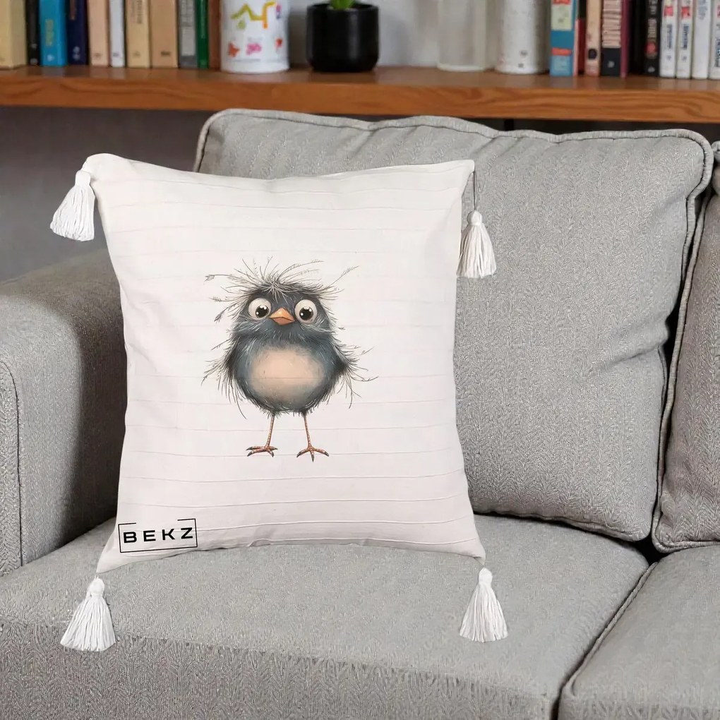 Perna Decorativa Pui Negru Zbarlit cu Pene Fine, 40x40 cm, Bej cu Franjuri, Husa Detasabila, Perna Inclusa, BEKZ®