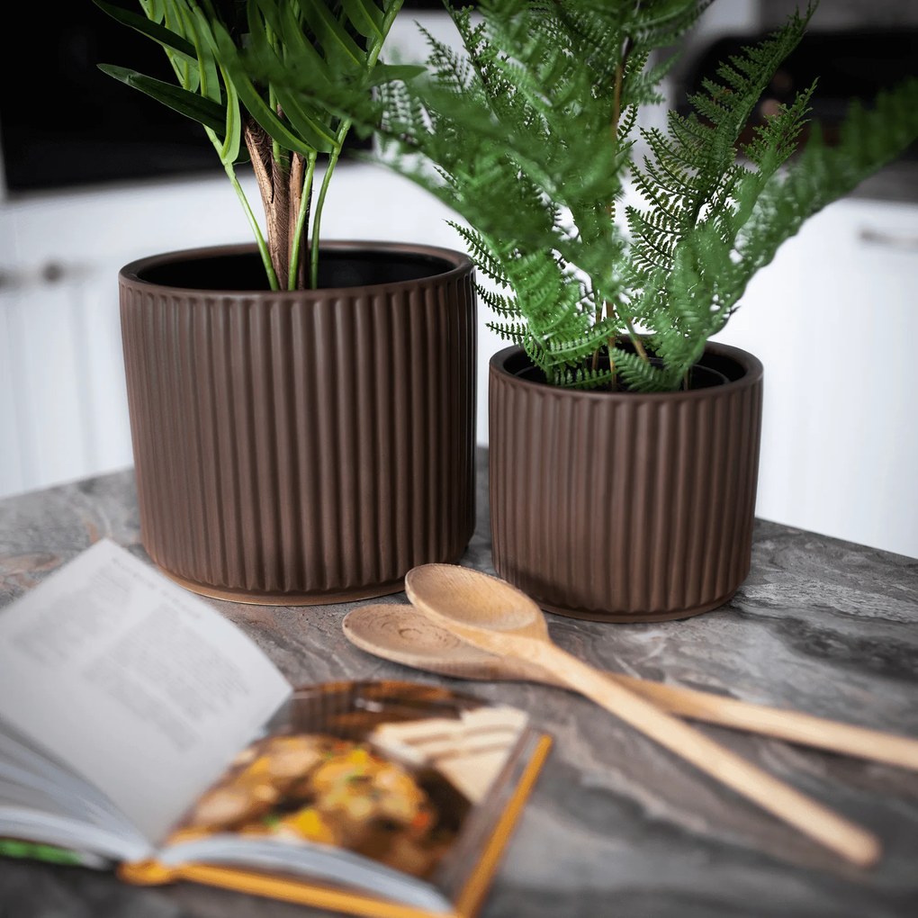 Ghivece de flori din ceramică, set de 2, maro mat, KELSO