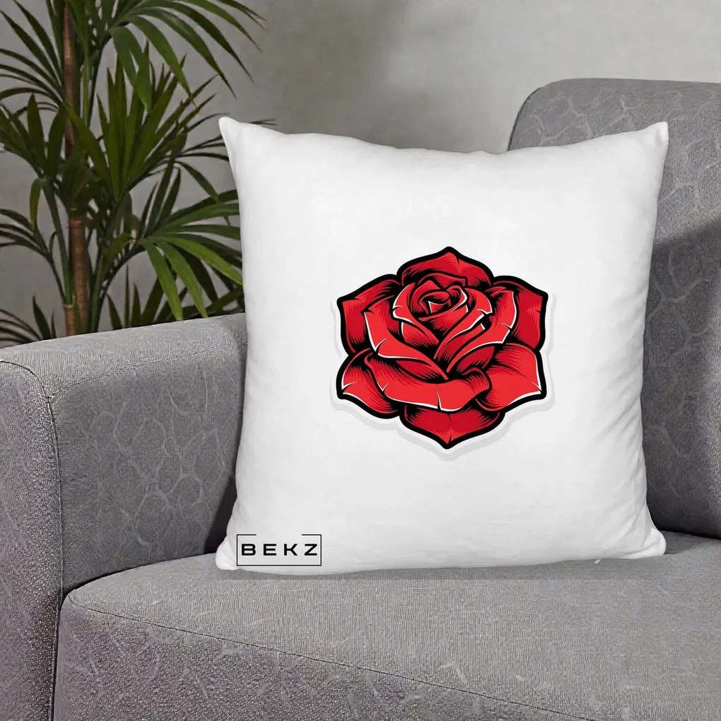 Perna Decorativa Trandafir Rosu Tattoo, 40x40 cm, Alb Pufos, Husa Detasabila, Perna Inclusa, BEKZ®