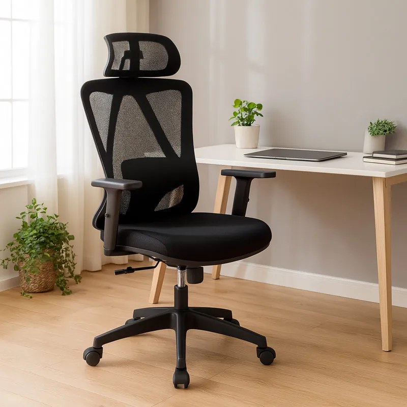 Scaun ergonomic negru cu tetiera, brate si suport lombar reglabile OFF 987