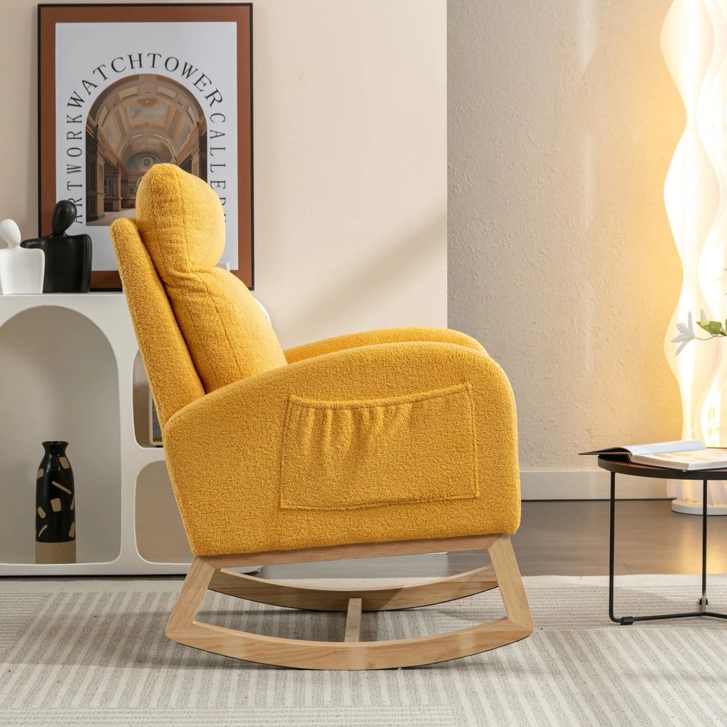 Scaun balansoar modern din material Teddy, cu șezut căptușit și buzunar lateral ascuns, pentru living și dormitor, 71x88x104,5 cm, Galben