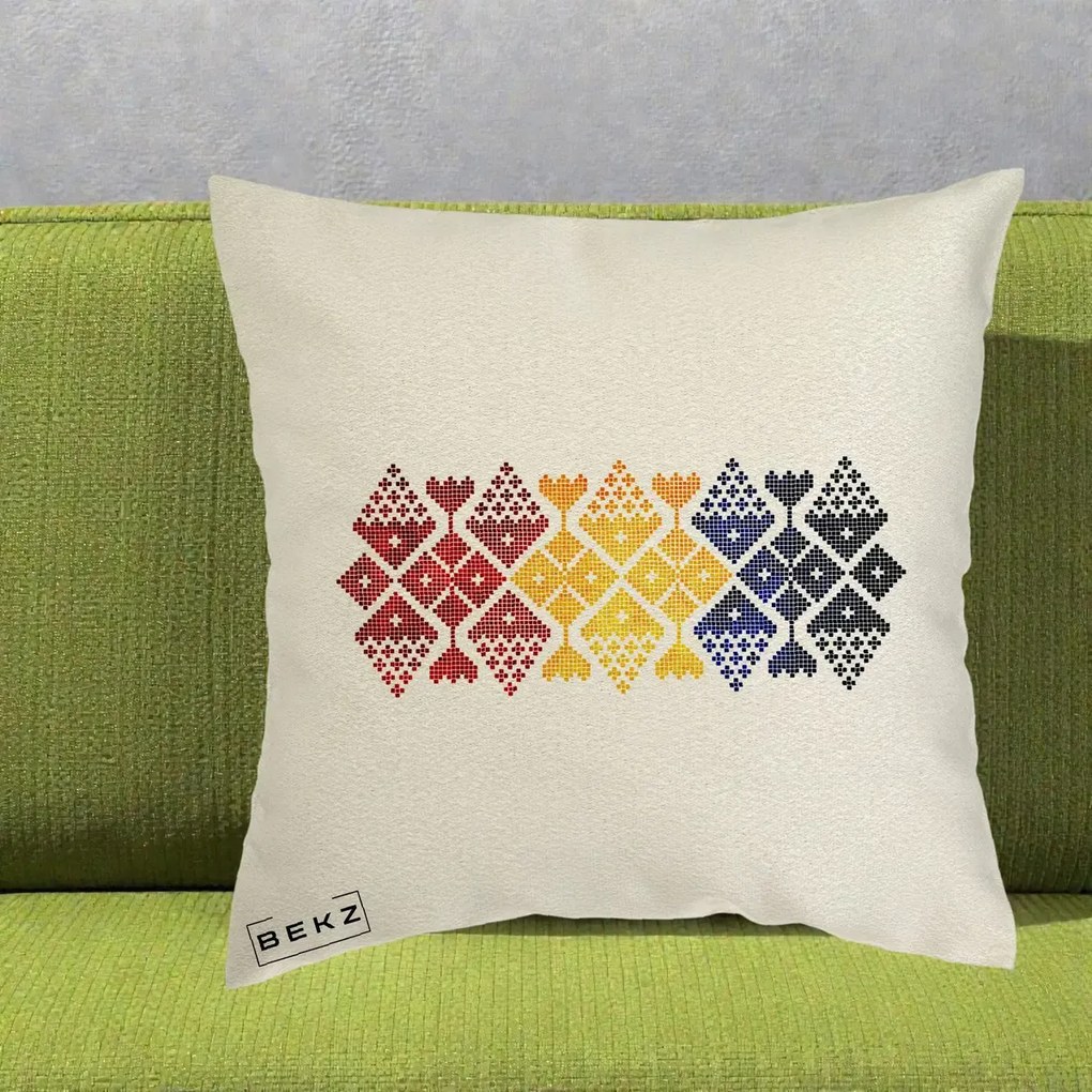 Perna Personalizata Motiv Tricolor Romanesc Broderie, 40x40 cm, Ecru, Husa Detasabila, Perna Inclusa, BEKZ®
