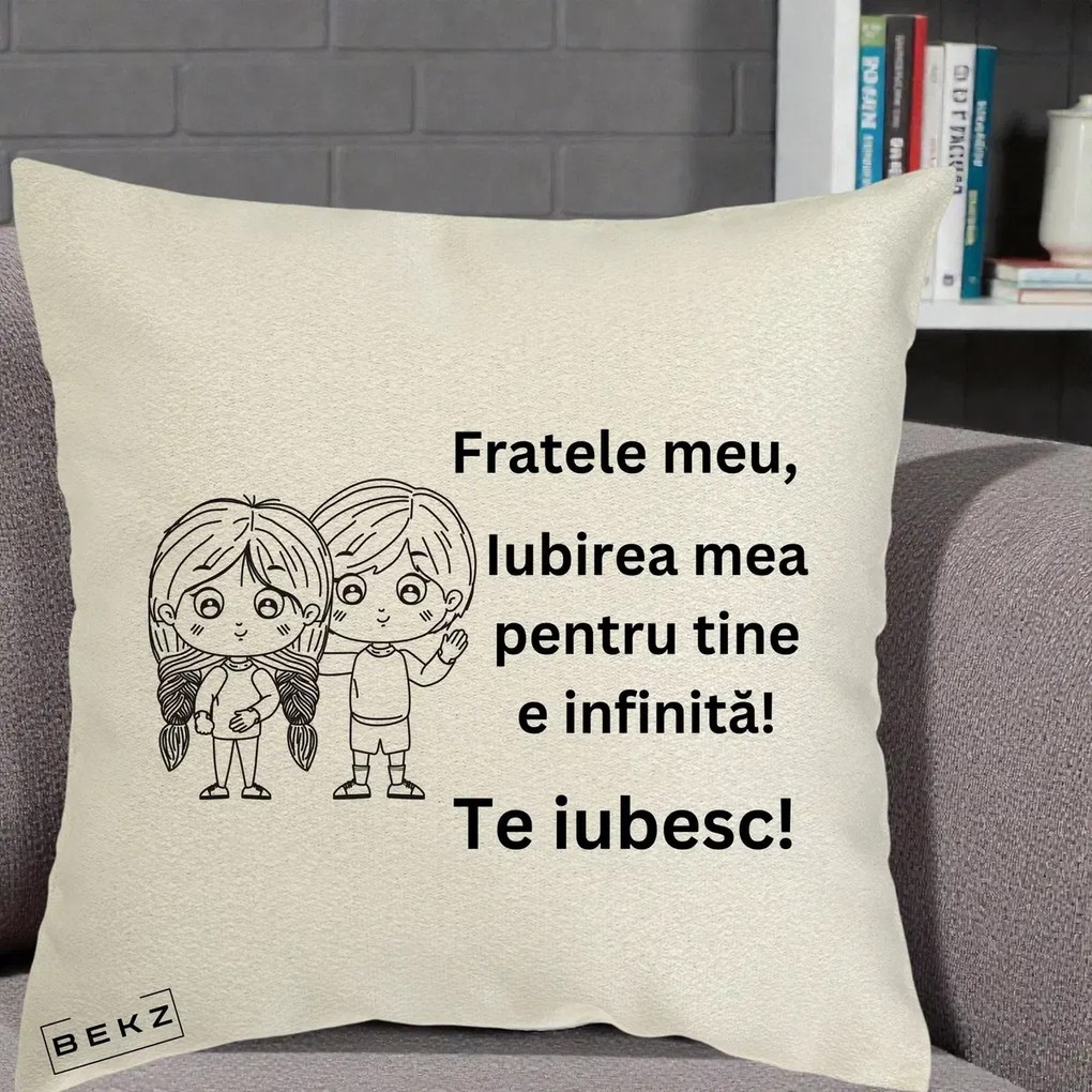 Cadou pentru Frate - Perna Personalizata Fratele Meu Te Iubesc Copii Anime Line Art Negru, 40x40 cm, Ecru, Husa Detasabila, Perna Inclusa, BEKZ®