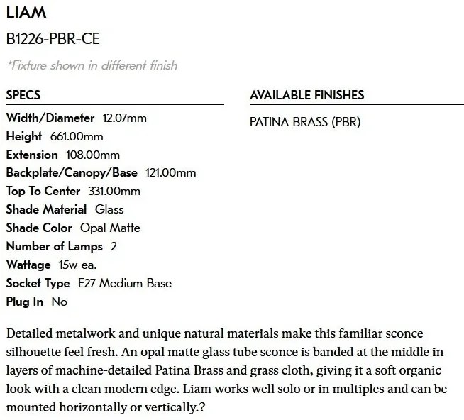 Aplica de perete LUX Liam B1226-PBR-CE HVL