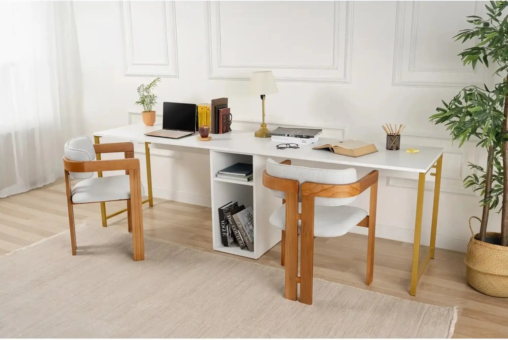 Birou TWIN, alb/auriu, PAL melaminat/metal, 240x60x74 cm