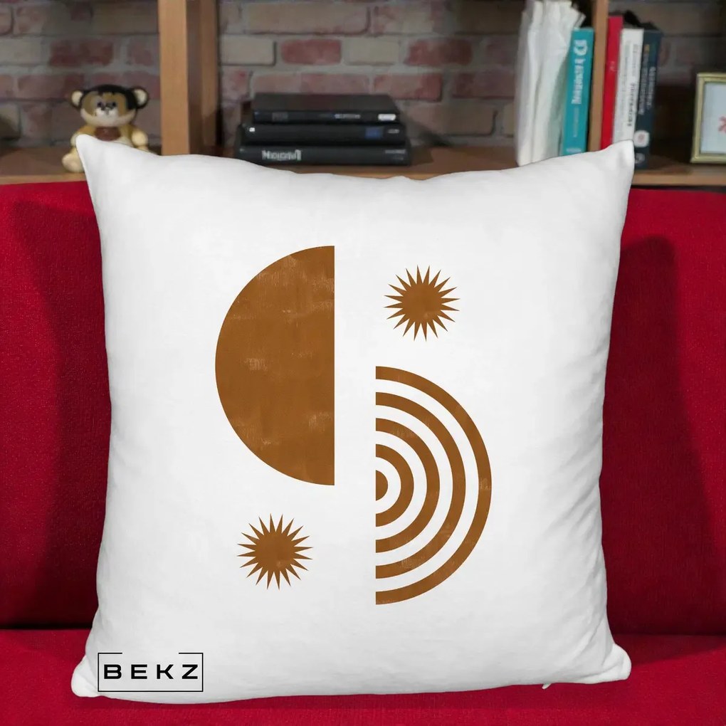 Perna Decorativa Boho Sun si Spirala, 40x40 cm, Alb Pufos, Husa Detasabila, Perna Inclusa, BEKZ®