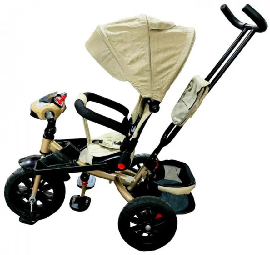 Tricicleta cu copertina NOVOKIDS Super Trike, Cu melodii si lumini, Roti din cauciuc, Pozitie somn, Scaun reversibil cu rotatie 360 grade, Crem