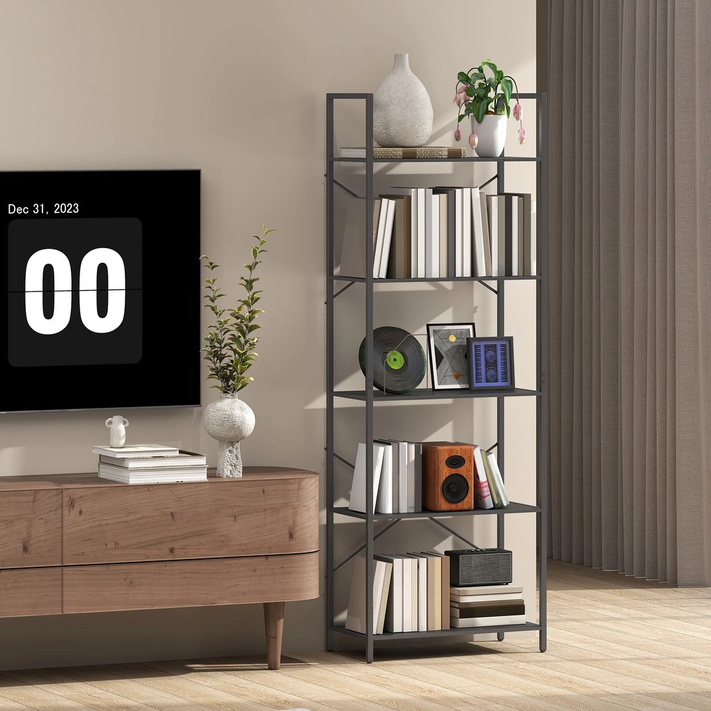 HOMCOM Raft pentru cărți, raft independent cu 5 nivele, raft industrial pentru birou cu cadru metalic, raft deschis de depozitare pentru living, birou, cameră de lucru, 60x30x170,5 cm, Negru | Aosom Romania