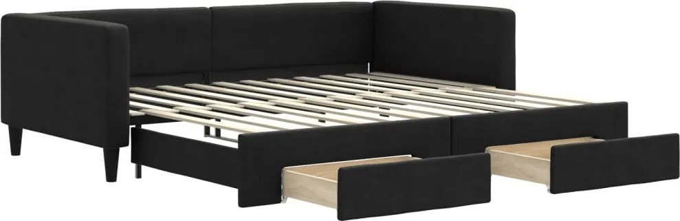 vidaXL Pat de zi cu extensie și sertare, negru, 100x200 cm, textil