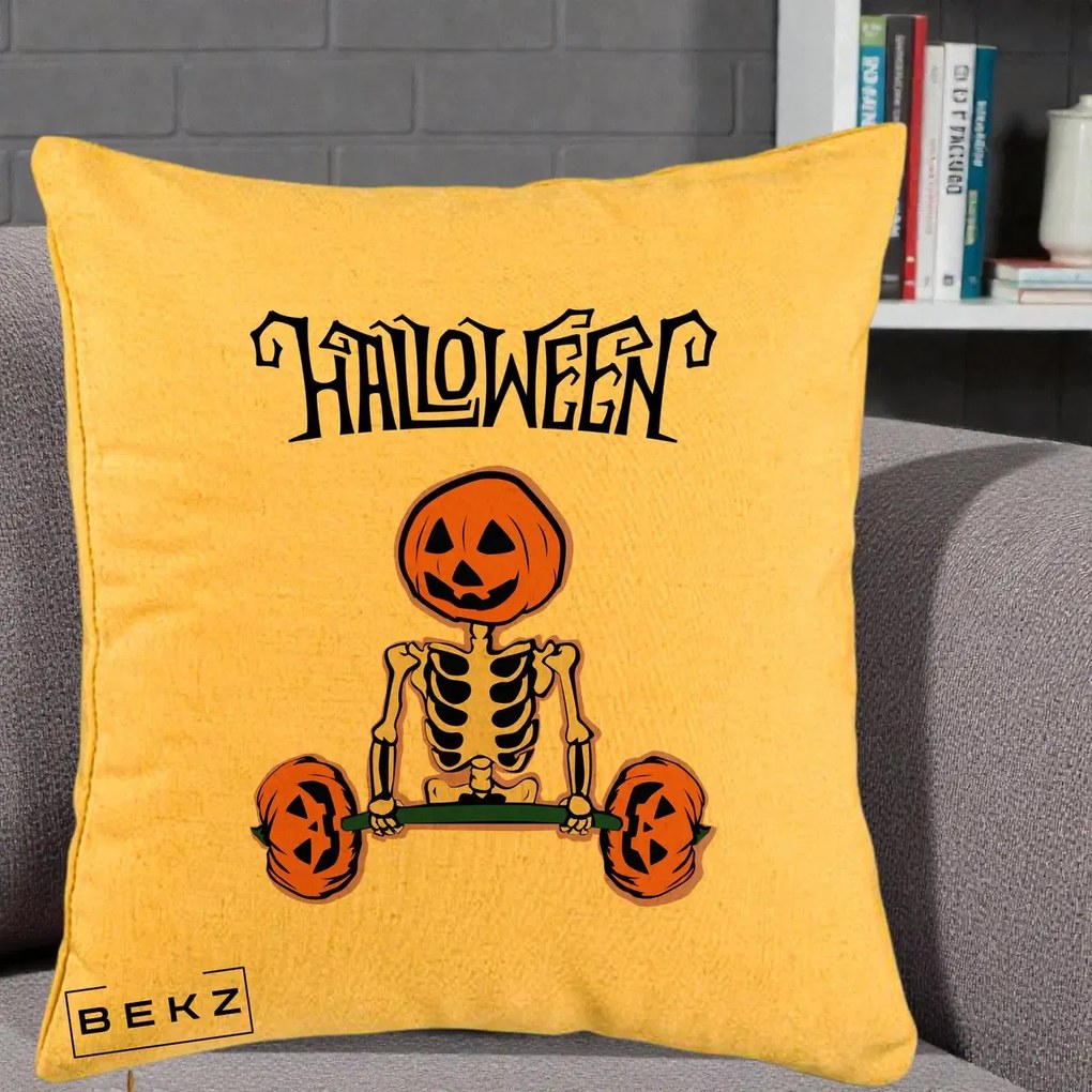 Perna Decorativa Halloween Schelet cu Cap de Dovleac Powerlifting, 40x40 cm, Galben, Husa Detasabila, Perna Inclusa, BEKZ®