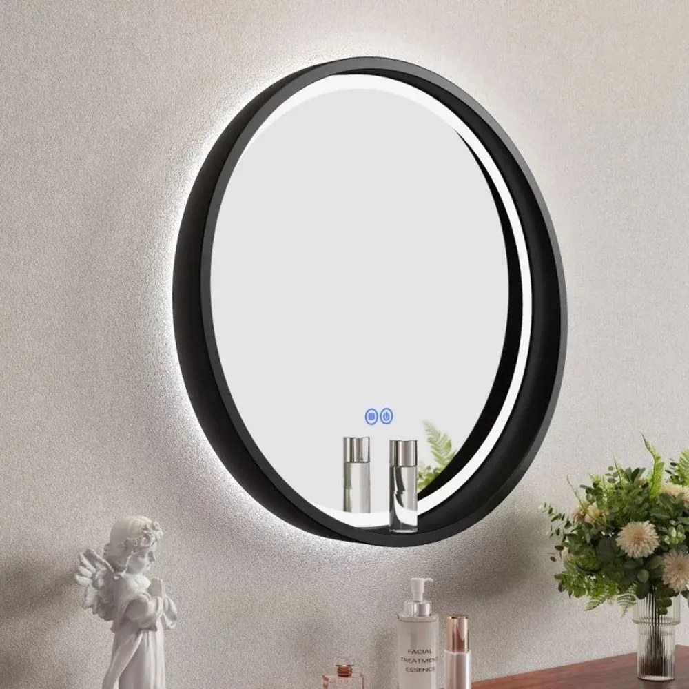 Oglinda cu iluminare si dezaburire Inter Ceramic forma rotunda 60 cm rama neagra