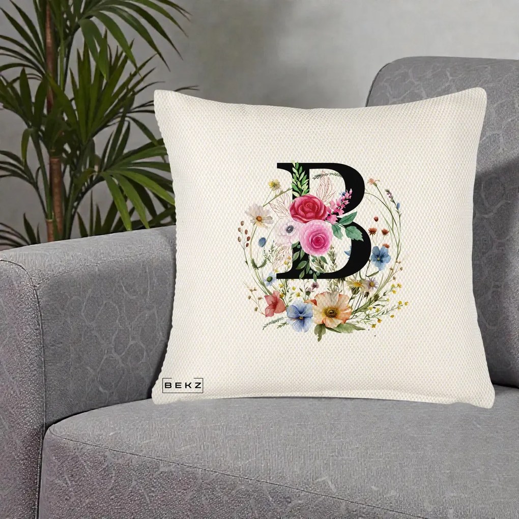 Cadou Personalizat - Perna Personalizata Monogram Litera B cu Flori Acuarela, 40x40 cm, Crem Reliefat, Husa Detasabila, Perna Inclusa, BEKZ®