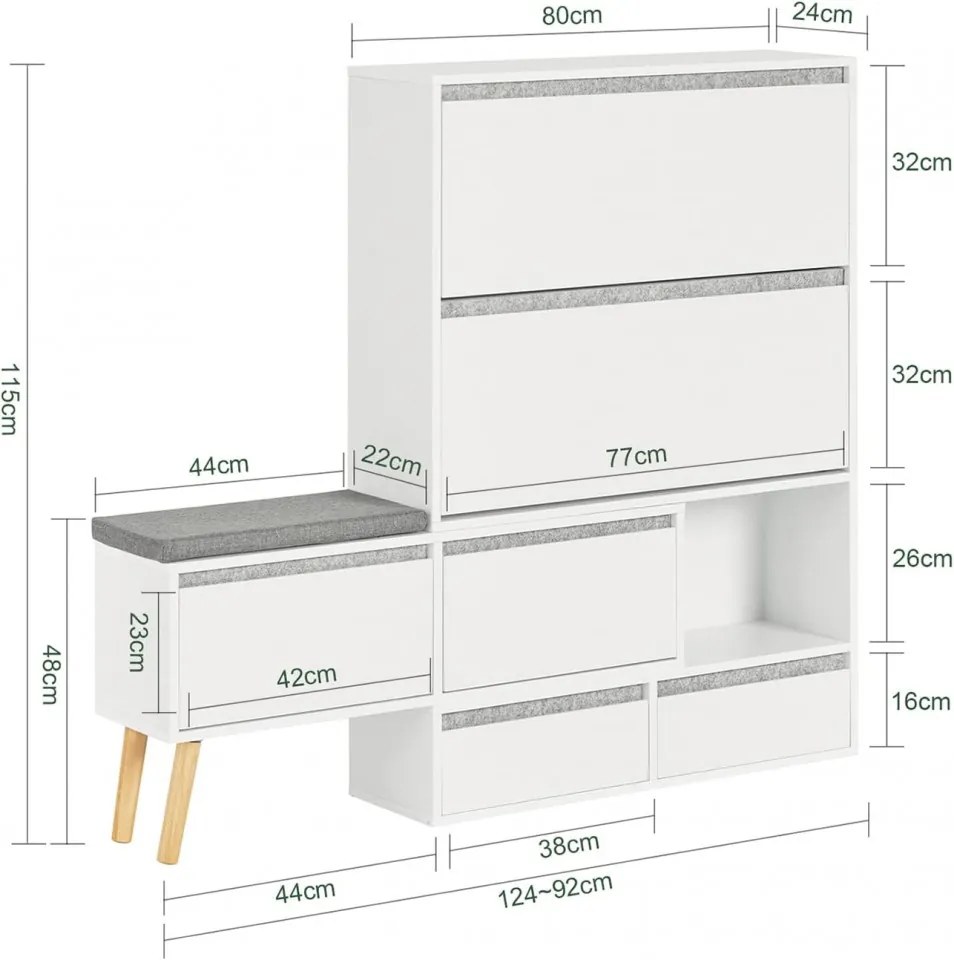 PANA3 - Pantofar 124 cm, pantofare, cuier cu bancuta, depozitare pantofi, mobilier hol - Alb