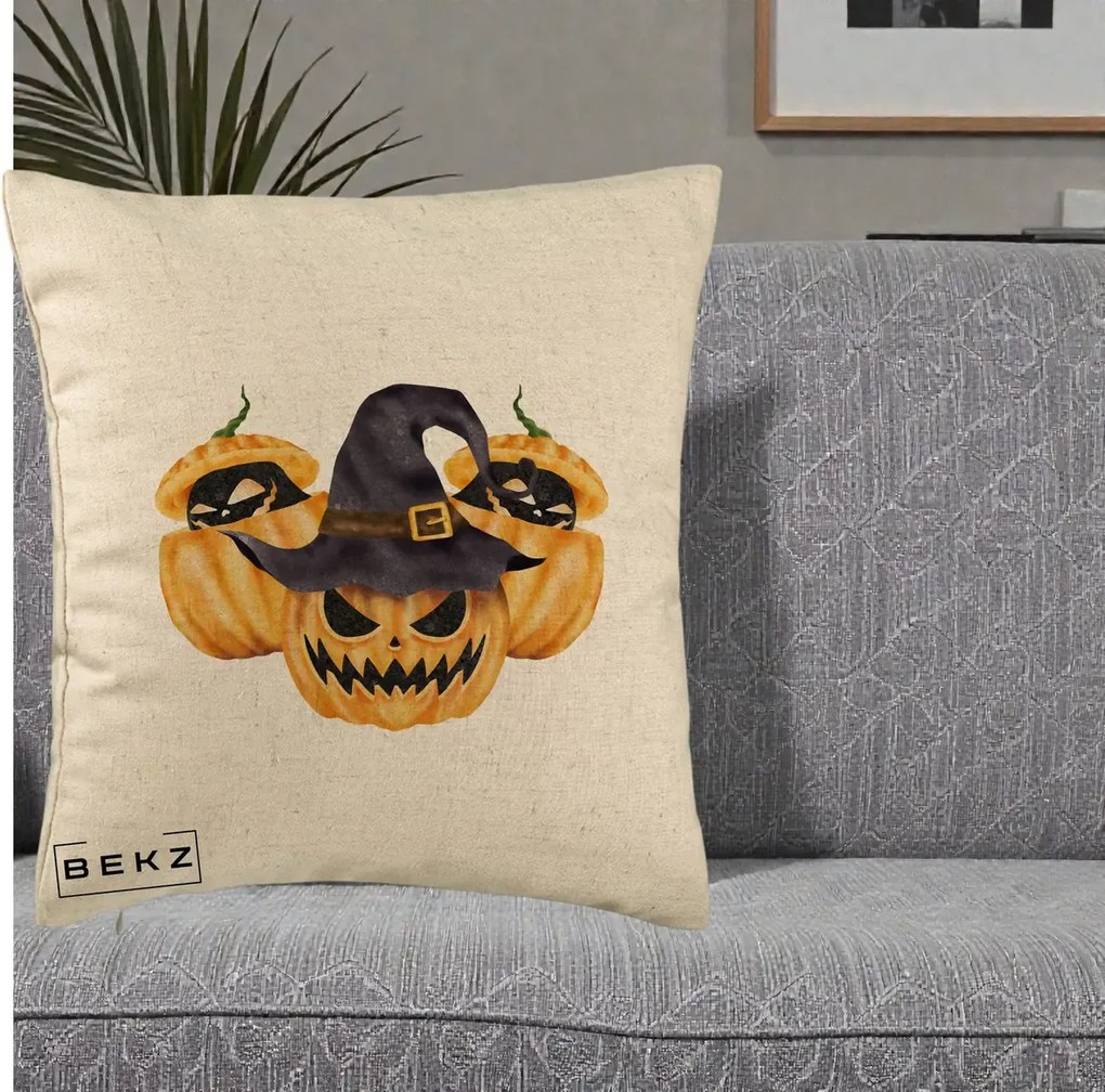 Perna Decorativa Trio Dovleci Jack-o-Lantern cu Palarie Vrajitoare, 40x40 cm, Bej, Husa Detasabila, Perna Inclusa, BEKZ®
