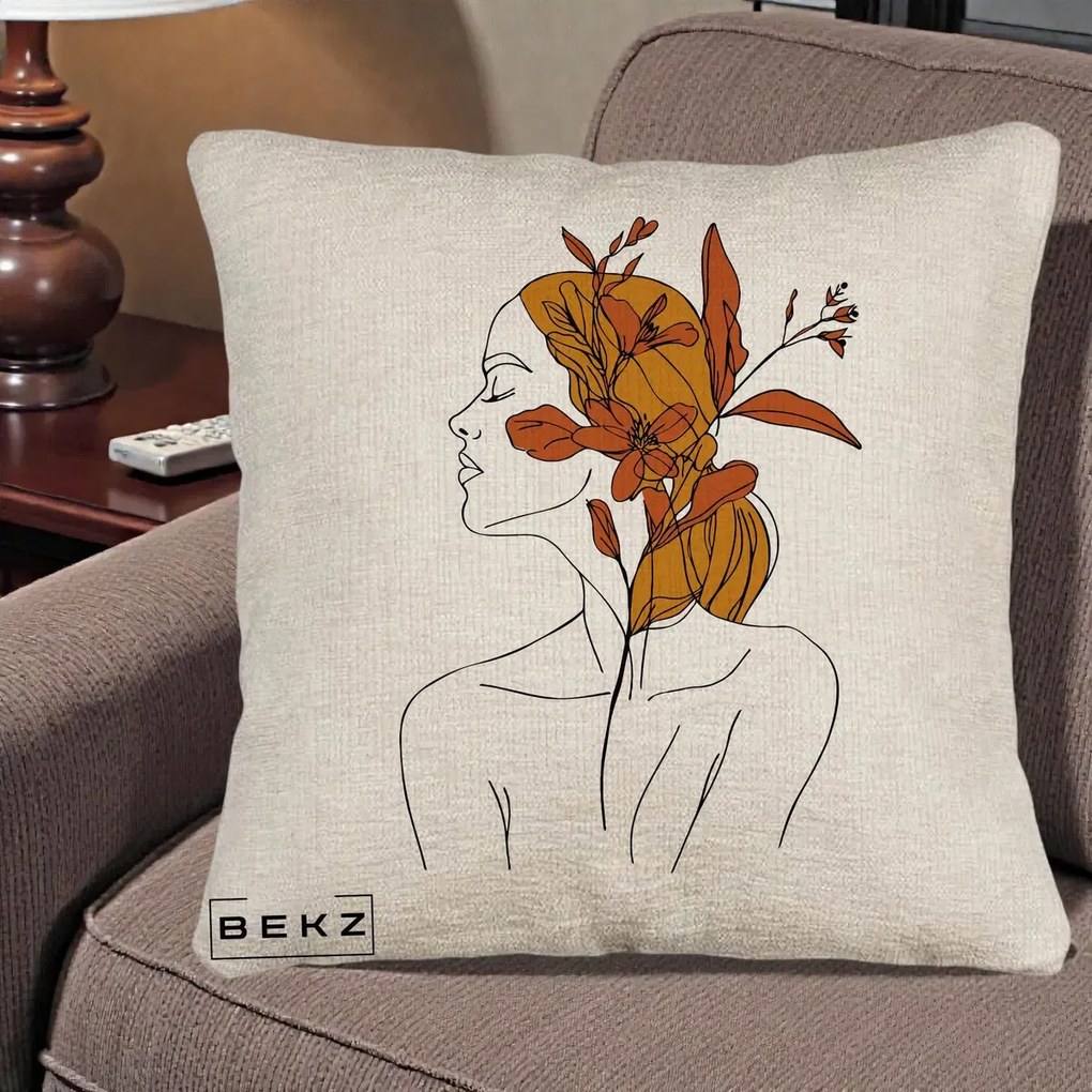Perna Decorativa Portret Feminin Crin Ruginiu Auriu, 40x40 cm, Bej Canapea, Husa Detasabila, Perna Inclusa, BEKZ®