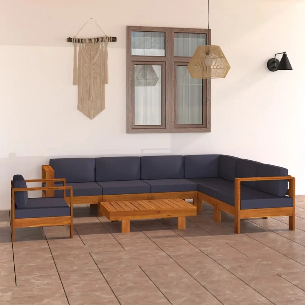 Set mobilier gradina perne gri inchis, 8 piese, lemn acacia Morke gra, colt + 5x mijloc + fotoliu + masa, 1