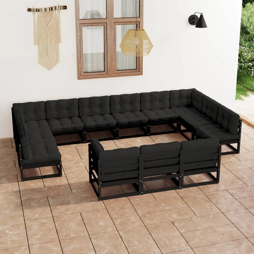 Set mobilier grădină cu perne, 13 piese, negru, lemn masiv pin