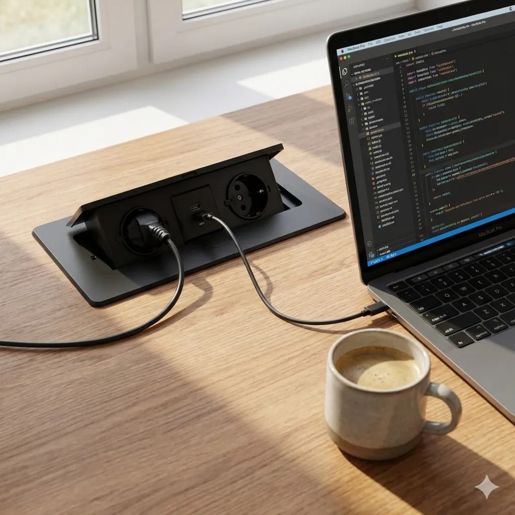Priză încorporabilă în blat Kombibox Design Light, 2 prize Schuko, USB A + C, negru, 266 x 133 mm Metal, L:266 mm; l:133 mm, Negru