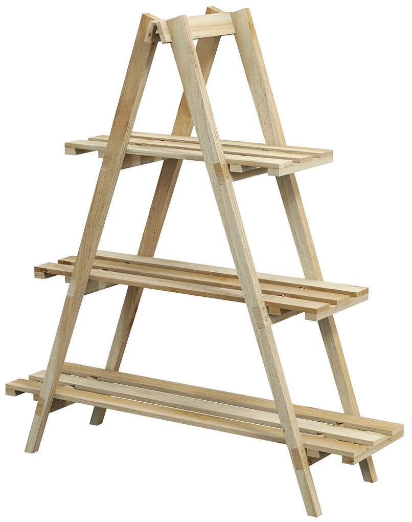 Outsunny Suport pentru Plante Pliabil din Lemn Raft pentru Ghivece cu 3 Nivele cu Cadru în A 100x36x112 cm Natural | Aosom Romania