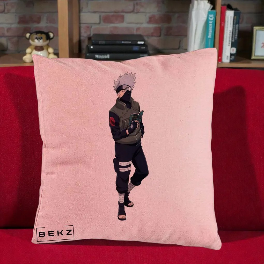 Perna Personalizata Naruto Kakashi Hatake Portret Complet, 40x40 cm, Roz, Husa Detasabila, Perna Inclusa, BEKZ®