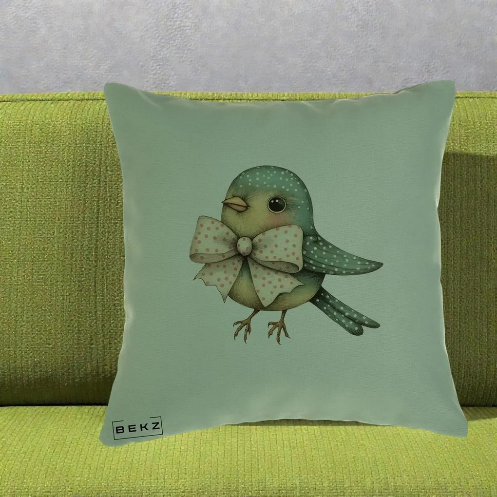 Perna Decorativa Pasare Teal cu Fundita cu Buline, 40x40 cm, Verde, Husa Detasabila, Perna Inclusa, BEKZ®