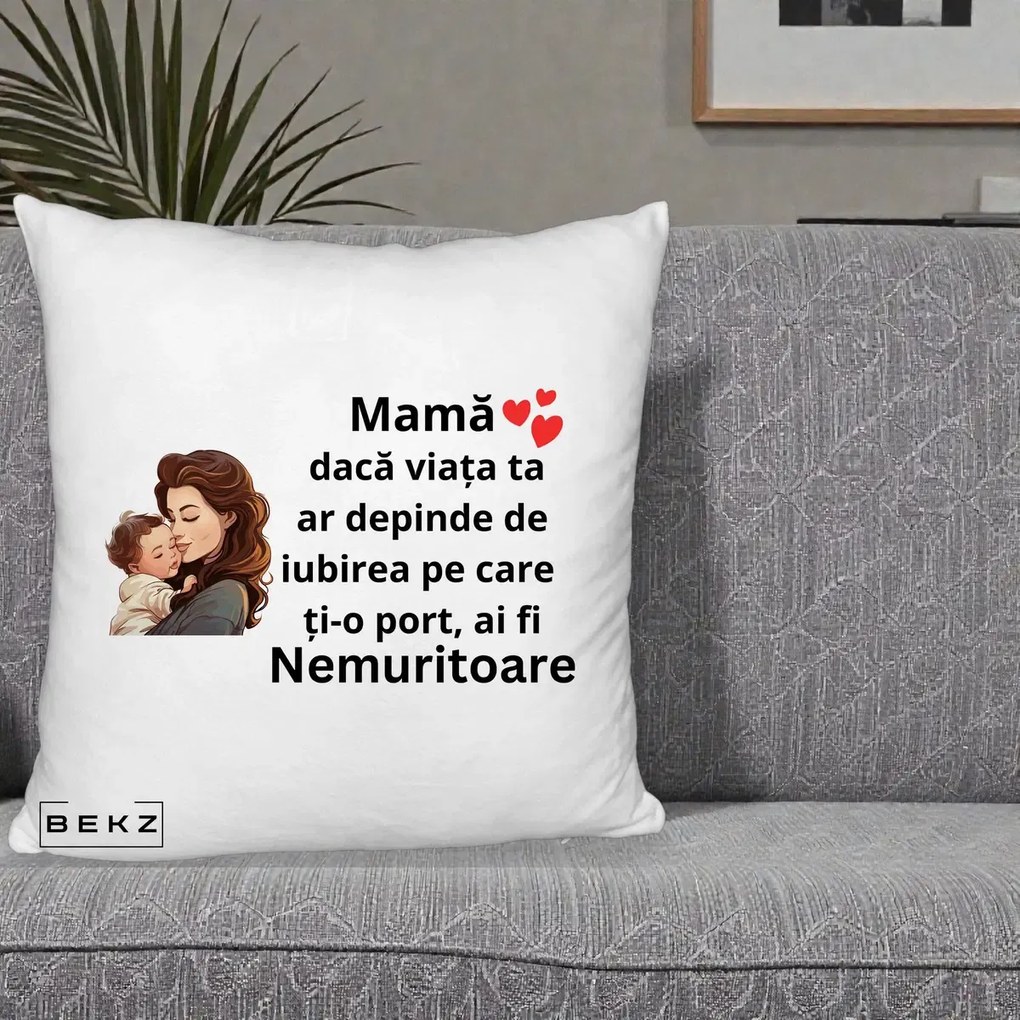 Cadou pentru Mama - Perna Personalizata Mama Nemuritoare cu Bebelus Lineart, 40x40 cm, Alb Pufos, Husa Detasabila, Perna Inclusa, BEKZ®