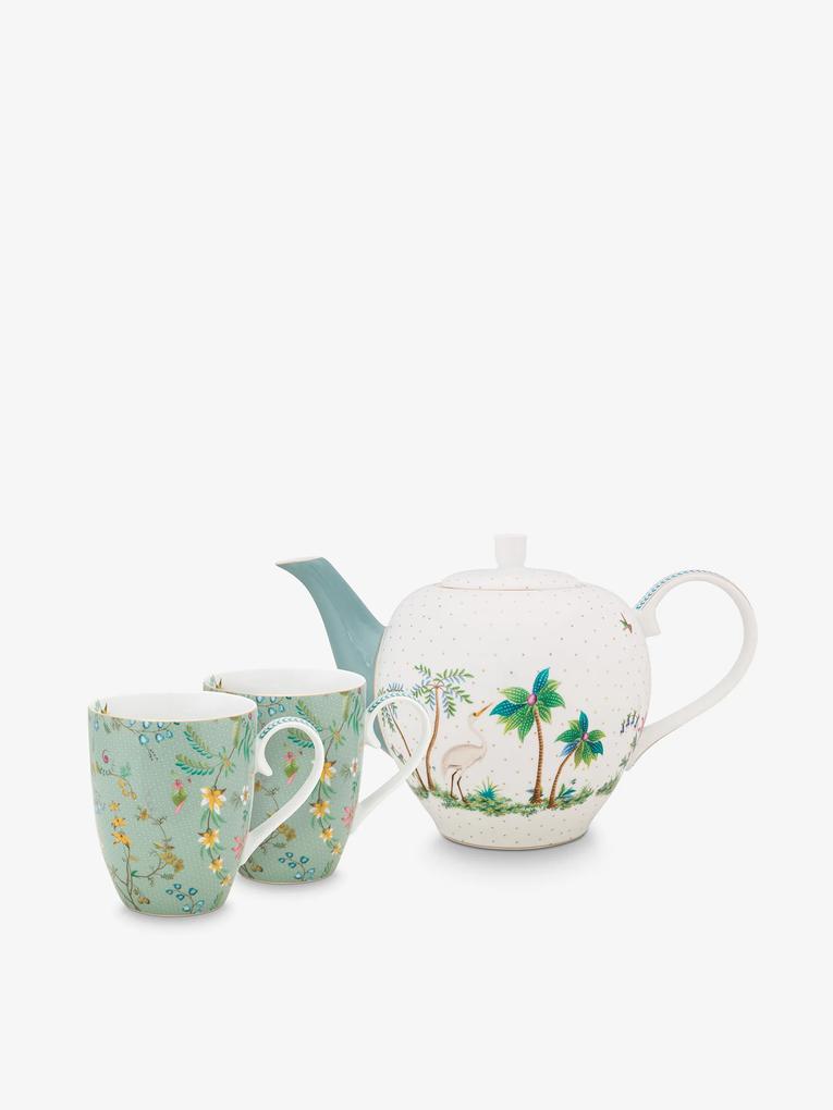 Set de două căni verzi și un ceainic în cutia de cadou PiP studio Jolie Flowers Blue