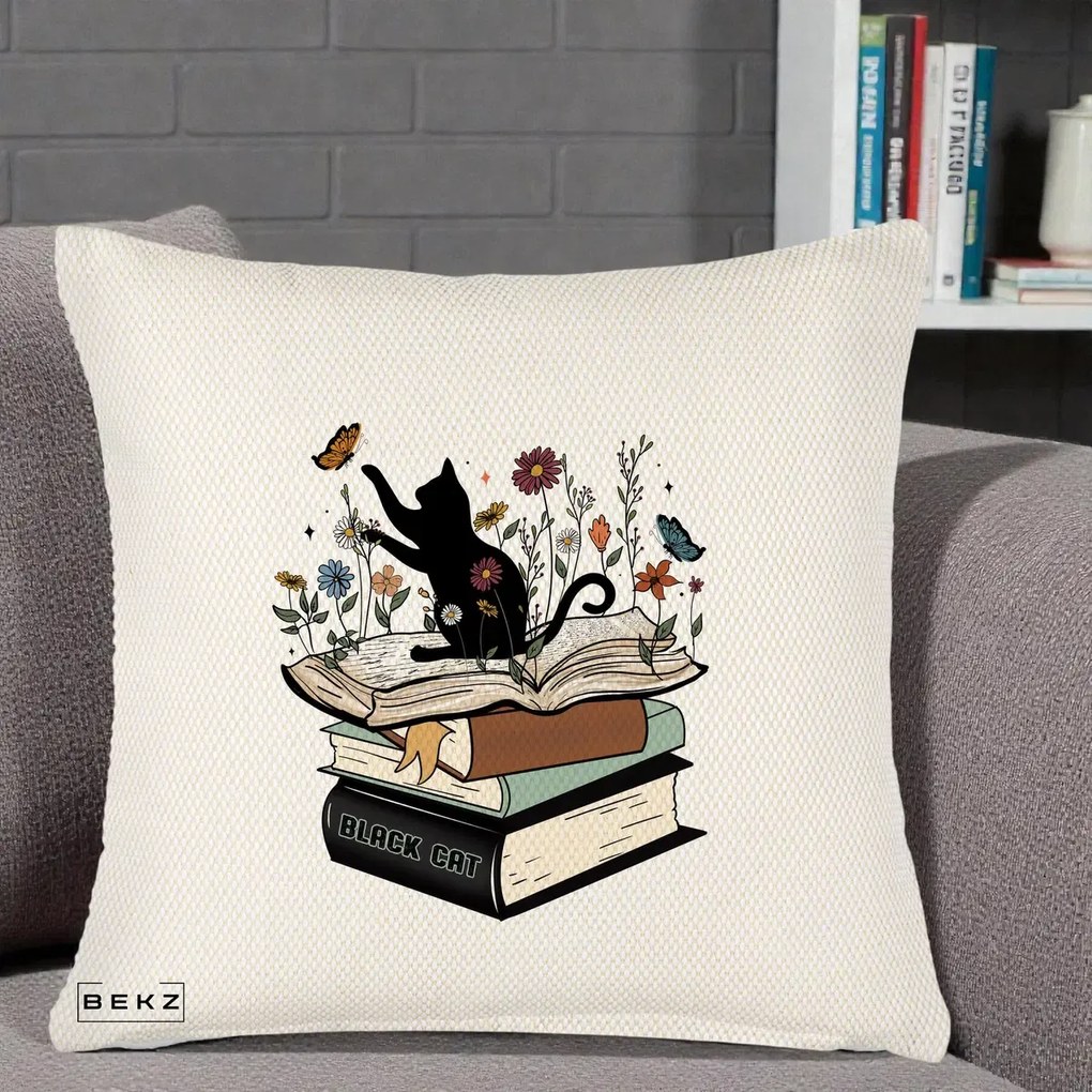 Perna Personalizata Pisica Neagra Carti Flori Fluturi, 40x40 cm, Crem Reliefat, Husa Detasabila, Perna Inclusa, BEKZ®