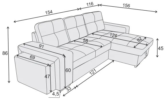 Canapea extensibilă cu spațiu de depozitare și taburet PALERMO, neagră, pe stânga