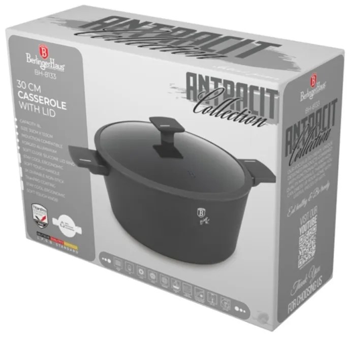 Oală cu capac 30 cm, 8 L Berlinger Haus BH 8133, Anthracite Collection, pentru gătit în familie, antiaderentă