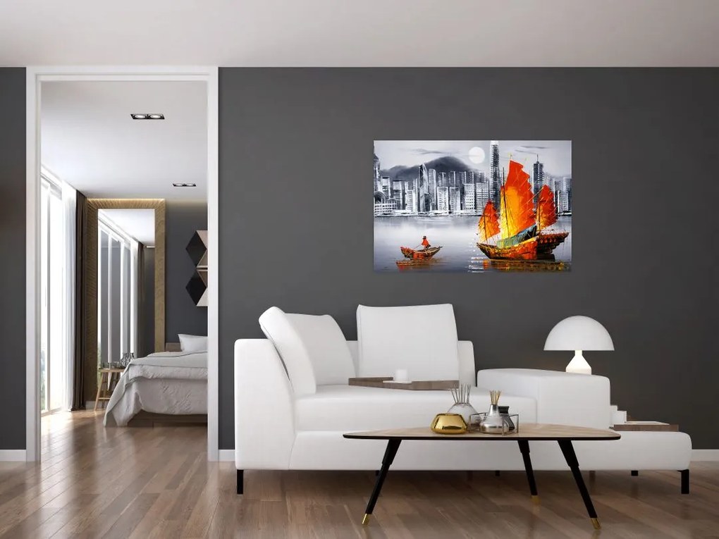 Tablou - Victoria Harbour, Hong Kong, pictură în ulei alb- negru (90x60 cm)
