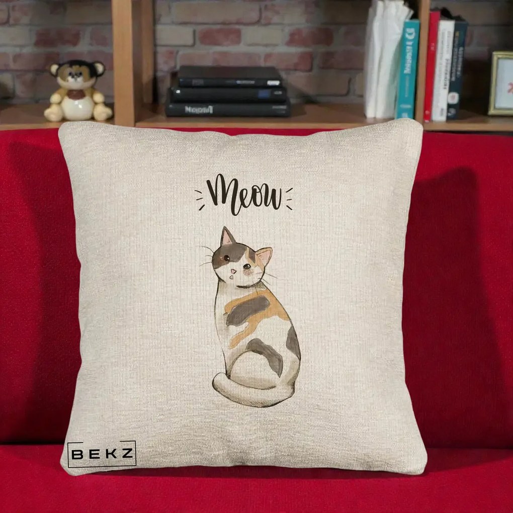 Perna Personalizata Pisica Meow Acuarela, 40x40 cm, Bej Canapea, Husa Detasabila, Perna Inclusa, BEKZ®